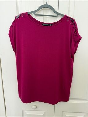 Jones NY Collection Fuchsia Lace-Up Shoulder Short Sleeve Tee